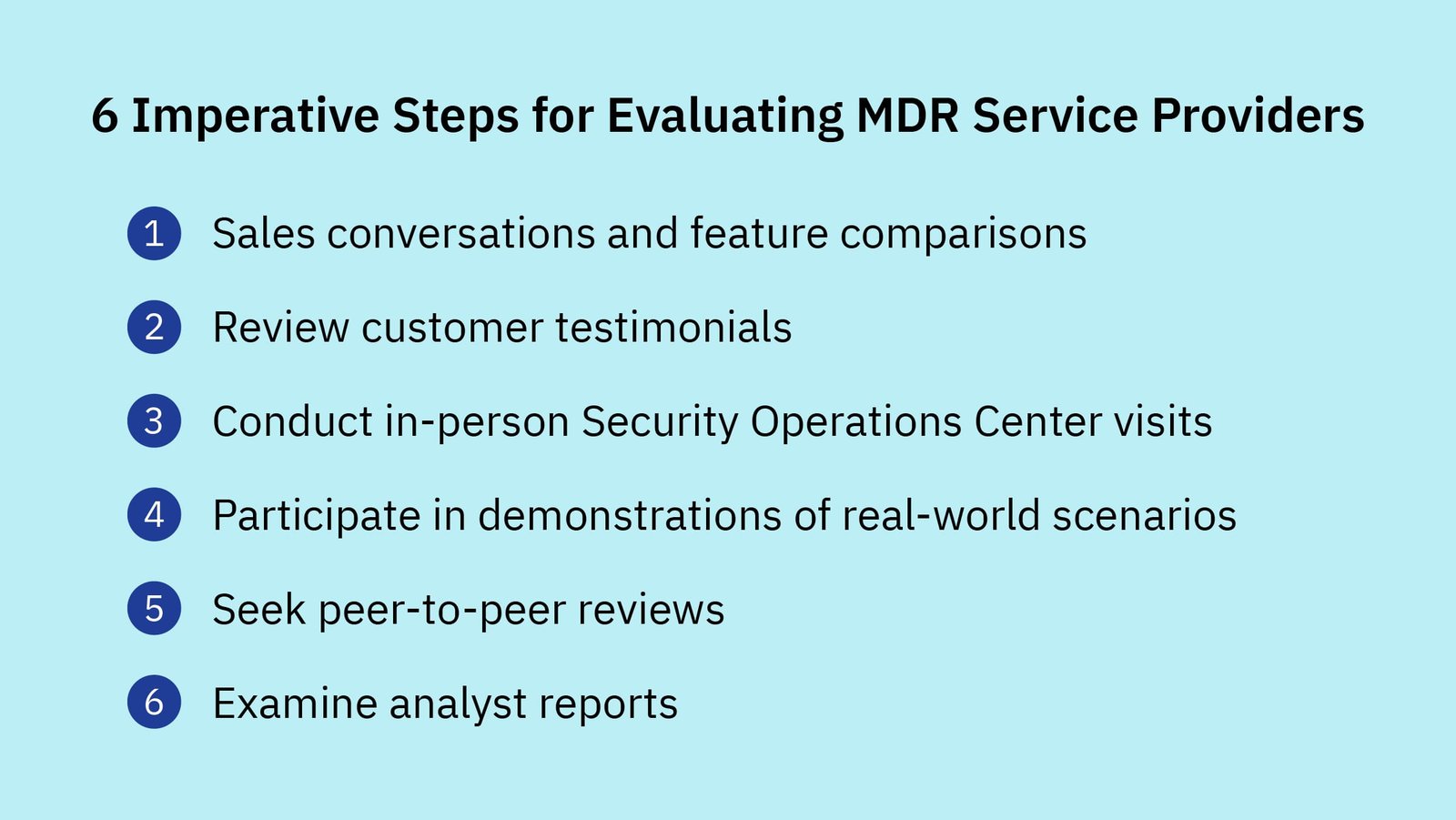 An image outlining 6 imperative steps for evaluating MDR service providers which include having conversations with sales, examine analyst reports, reviewing customer testimonials, attending in-person SOC tours, participating in real-world demos and reviewing peer-to-peer reviews. 